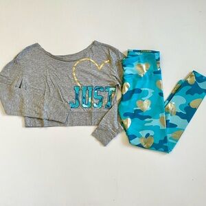 Justice Girl’s Camo Heart Crop Top & Leggings Size 10 Grey Blue Camouflage.